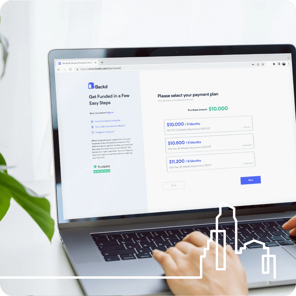 landing hero Backd will pay your invoice in full while you pay back the cost of the purchase over time. Unlock flexible rates with a timeline that works for you while controlling your capital flow. Click BackdPay at checkout and choose the rates that best benefit your business today.